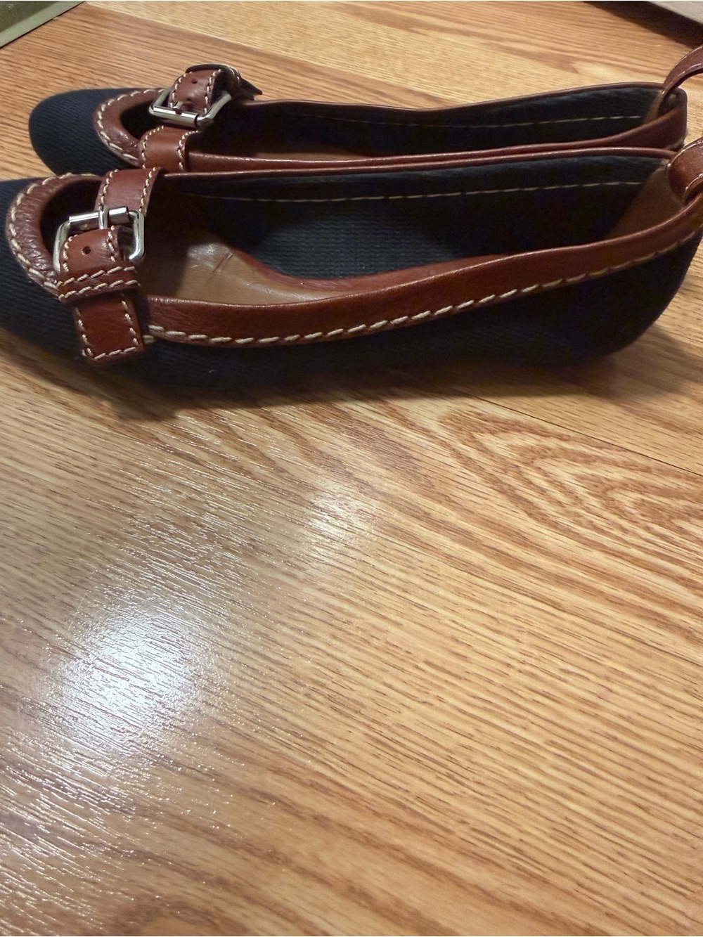 Chloe Brown Leather-Trim Black Canvas Flats with Buckle - Picture 7 of 12